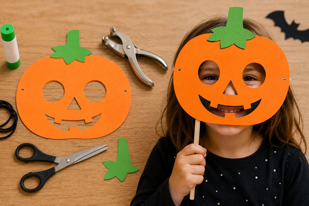 Kind mit selbst gebastelter Kürbismaske aus orangefarbenem Bastelkarton als einfache Halloween-Bastelidee für Kinder.
