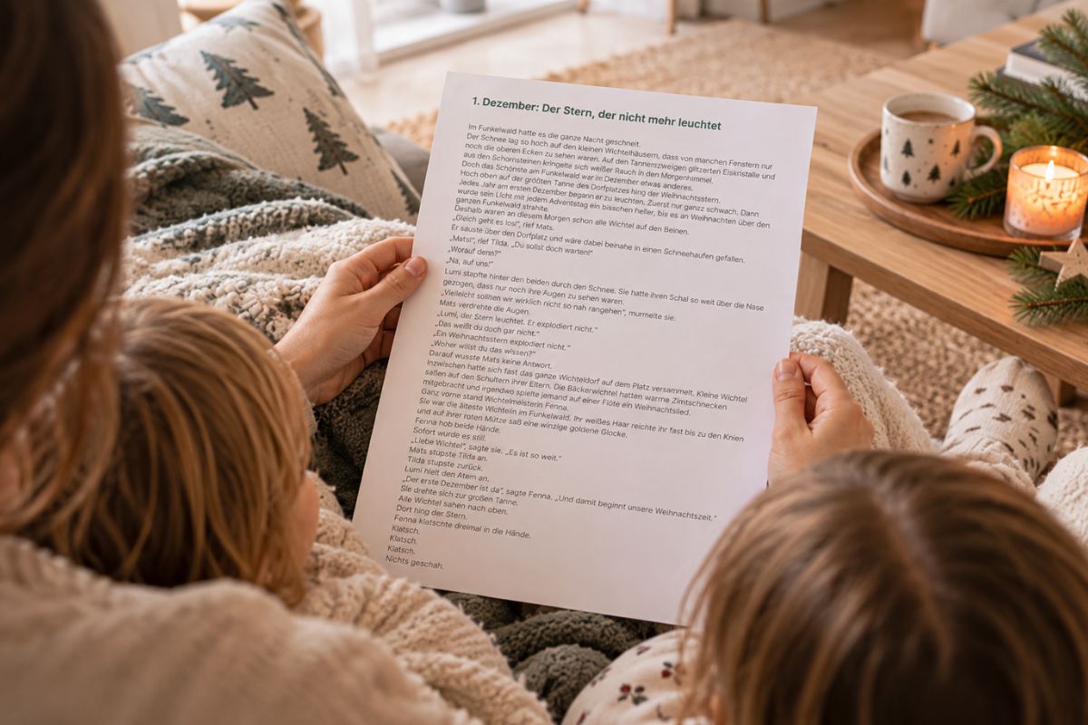 Mutter liest ihren Kindern eine kurze Weihnachtsgeschichte im Advent vor