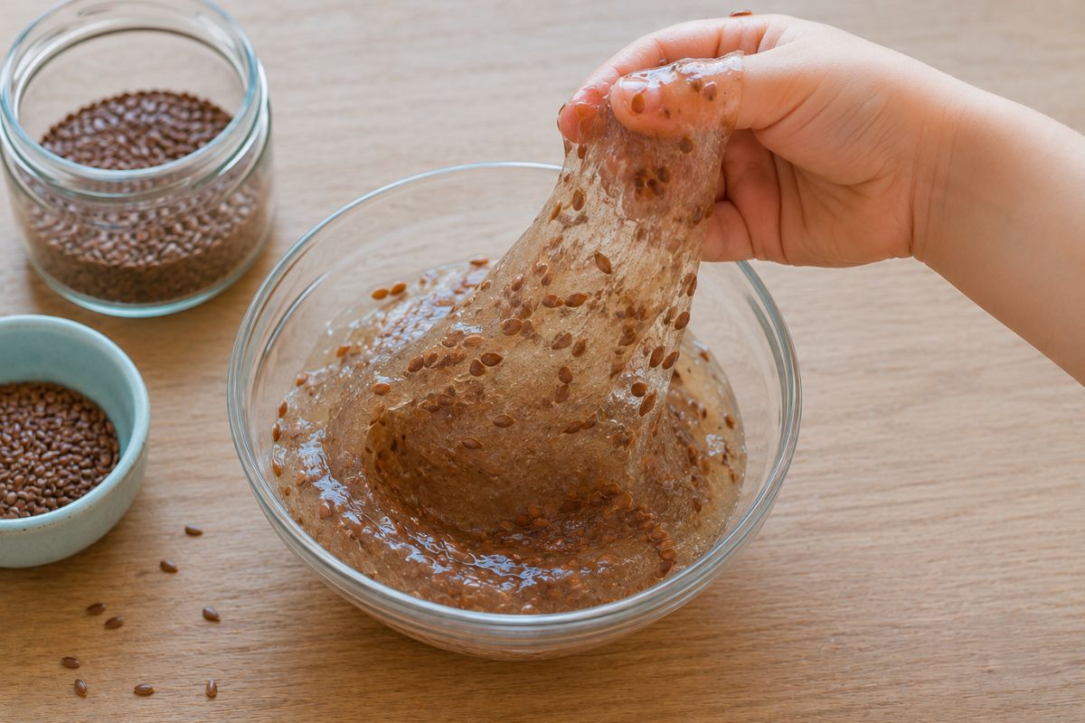 Leinsamen-Schleim ohne Kleber und Kontaktlinsenlösung in einer Glasschüssel – ein Kind zieht den selbstgemachten Naturschleim auseinander.
