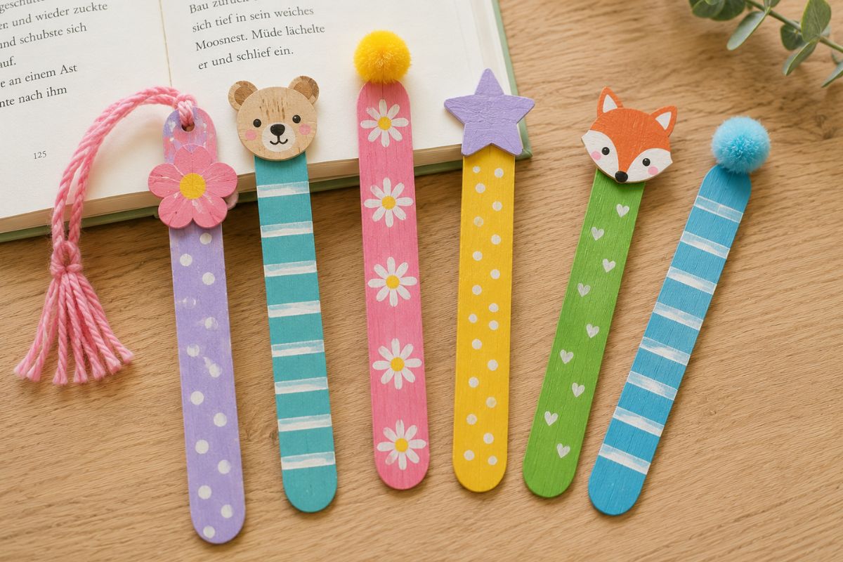 Selbst gebastelte Lesezeichen aus Holzstäbchen mit Blumen, Tierköpfen, Sternen und Pompons als kreative Bastelidee für Kinder.