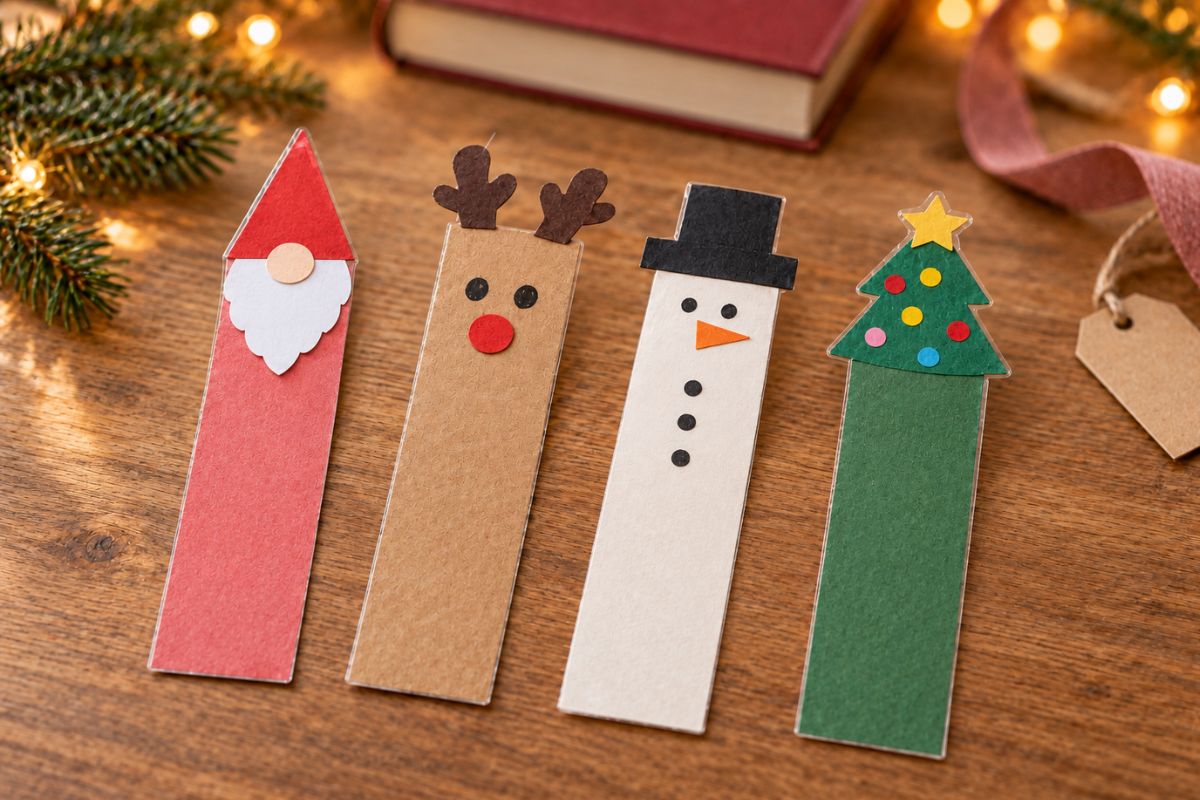 Lesezeichen basteln zu Weihnachten – Wichtel, Rentier, Schneemann und Tannenbaum aus Pappe