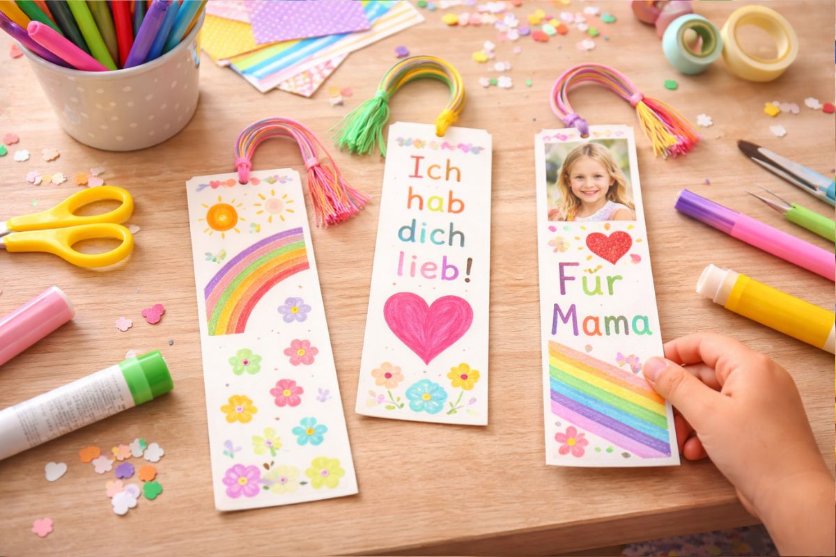 Selbstgemachte Lesezeichen von Kindern mit Herz, Regenbogen und Spruch für Mama, Bastelidee zum Muttertag