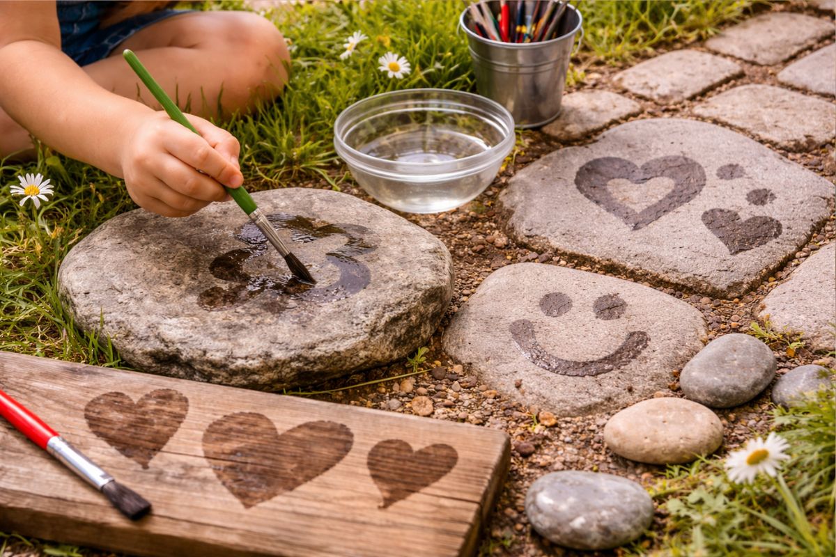 Kind malt mit Wasser auf Stein einfache Beschäftigungsidee draußen ohne Material