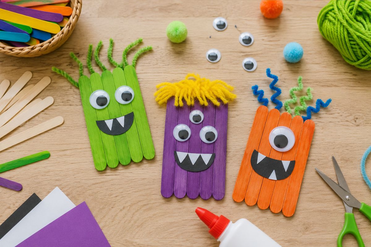 Drei bunte Monster aus Holzstäbchen mit Wackelaugen, Wolle, Pfeifenreinigern und Papierzähnen als einfache Bastelidee für Kinder.
