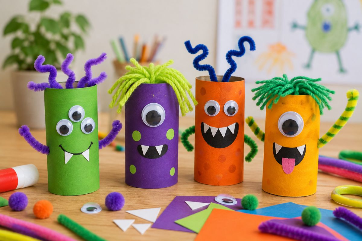 Bunte Monster aus bemalten Klopapierrollen mit Wackelaugen, Wollhaaren, Papierzähnen und Pfeifenreinigern als Halloween-Bastelidee für Kinder.
