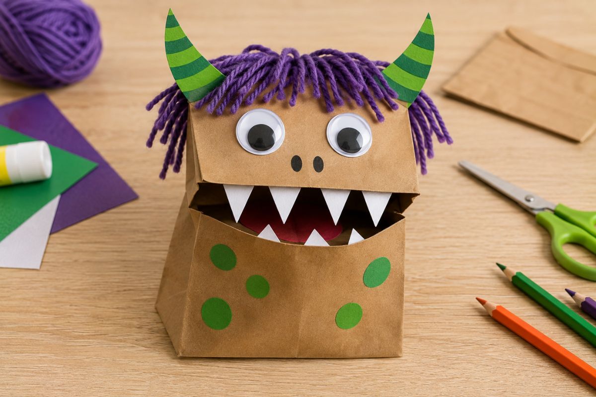 Buntes Monster aus einer braunen Papiertüte mit Wackelaugen, Hörnern, Wollhaaren und beweglichem Mund.