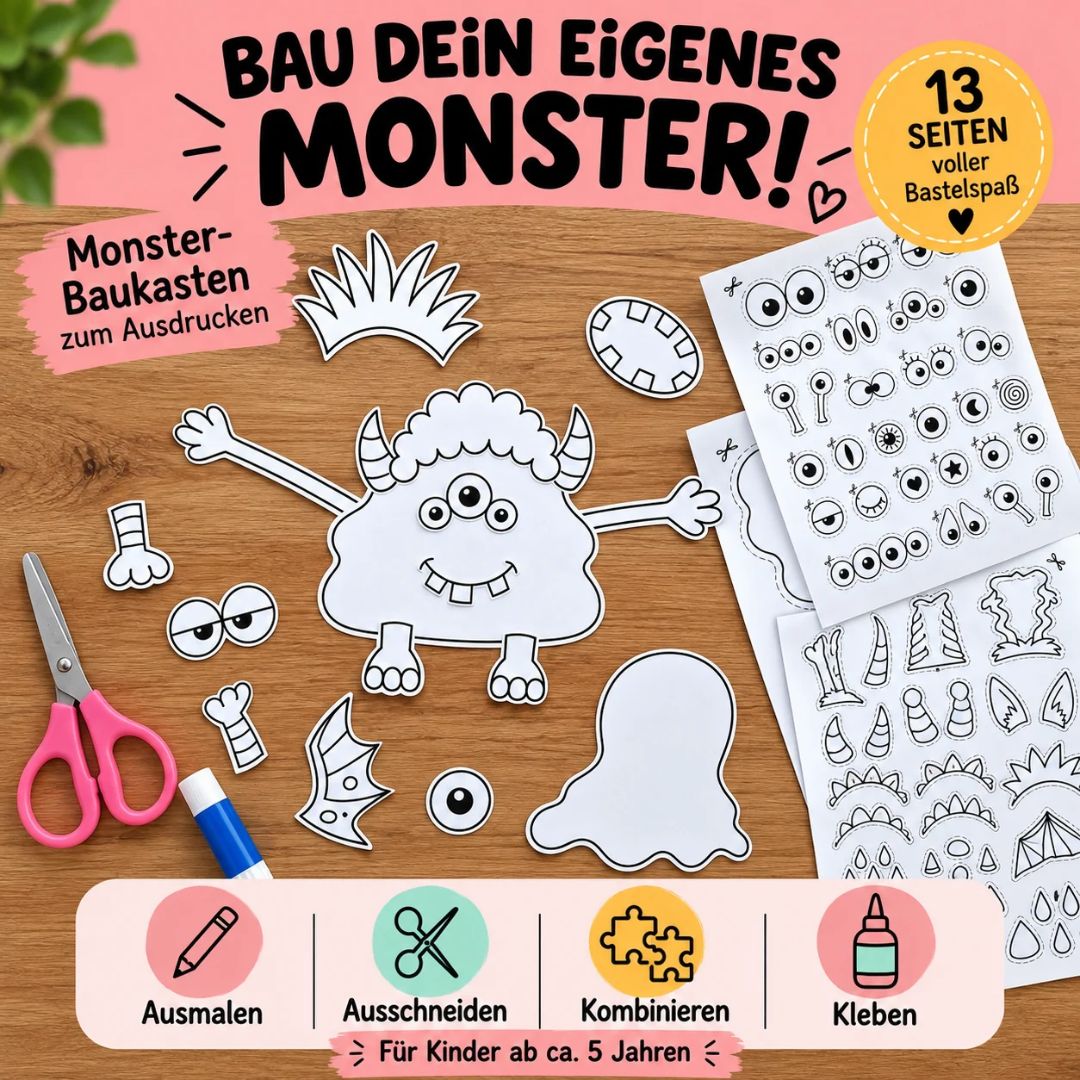 Monster-Baukasten zum Ausdrucken mit Vorlagen zum Monster basteln für Kinder