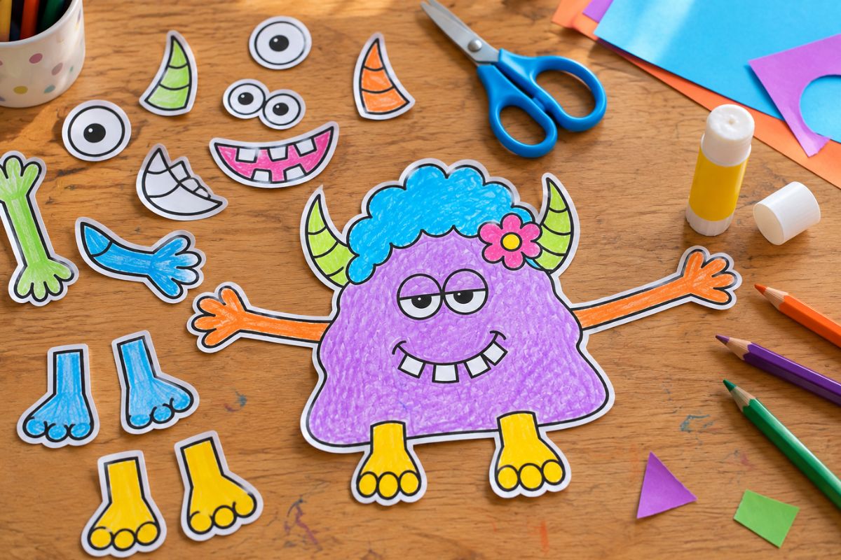Monster basteln mit Kindern – ausgemaltes Papiermonster mit Augen, Armen, Füßen und Hörnern zum Kombinieren