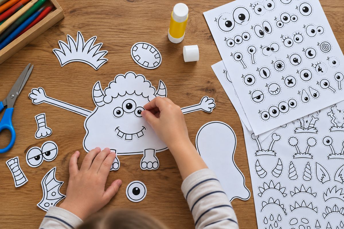 Kind bastelt ein Monster aus Papier und klebt Augen auf eine Monster-Vorlage