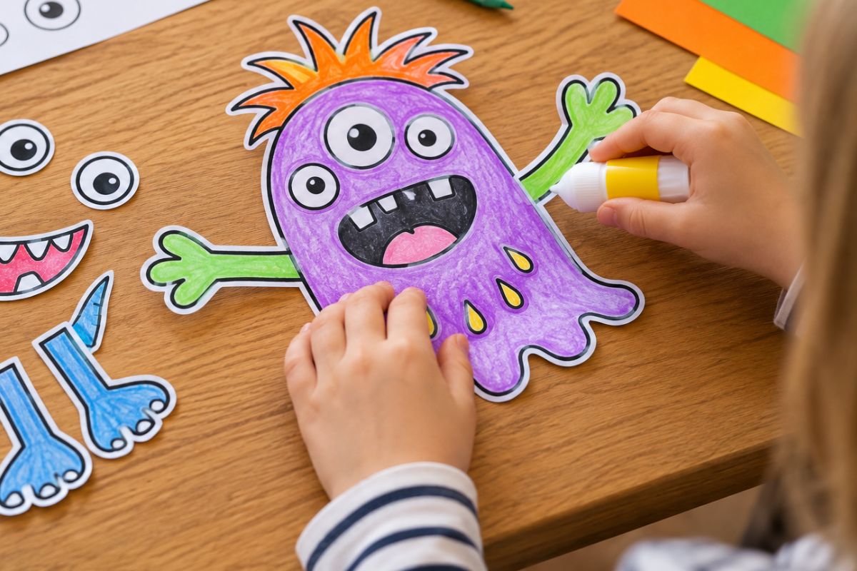 Monster basteln mit Kindern – Kind klebt bunte Augen, Arme und weitere Vorlagen auf ein selbst gestaltetes Papiermonster