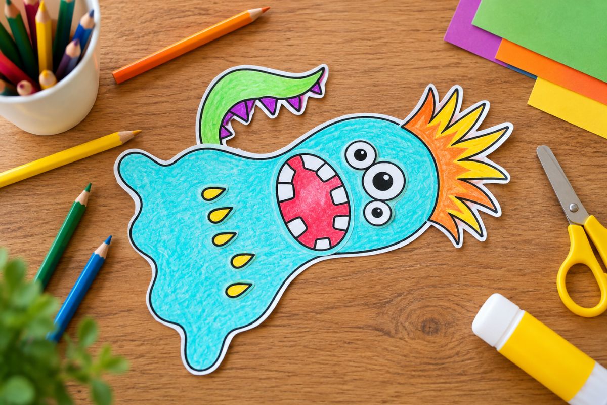 Monster basteln mit Kindern – ausgemalte Monster-Vorlage mit Augen, Mund und Haaren zum Ausschneiden und Kleben