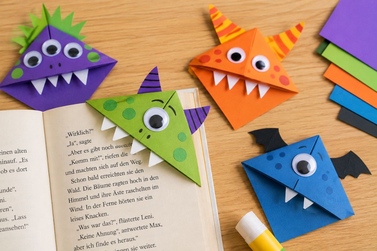 Bunte Monster-Lesezeichen aus gefaltetem Papier stecken in den Ecken eines Buches – einfache Halloween-Bastelidee für Kinder.