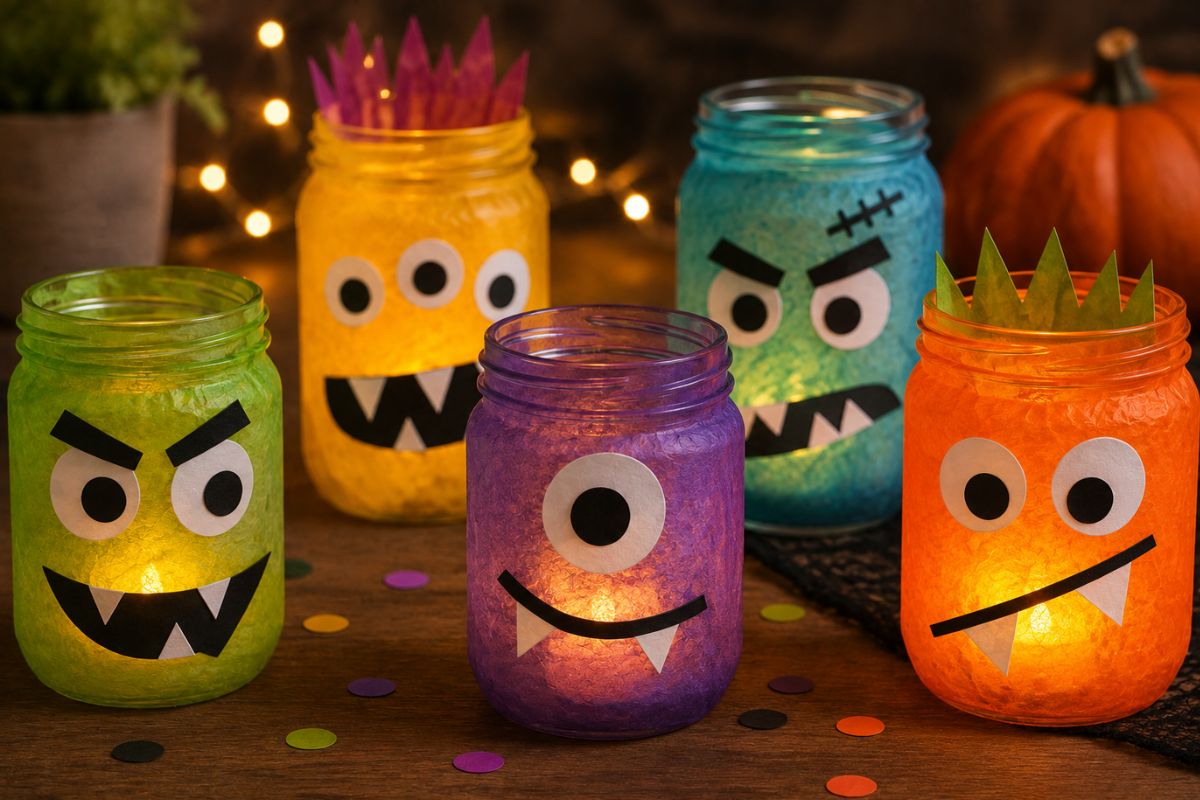 Bunte Monster-Windlichter aus mit Transparentpapier beklebten Schraubgläsern und LED-Teelichtern als Halloween-Bastelidee für Kinder.