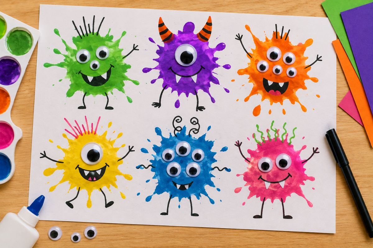 Bunte Monster aus Farbklecksen mit Wackelaugen auf weißem Papier als einfache Halloween-Bastelidee für Kinder.