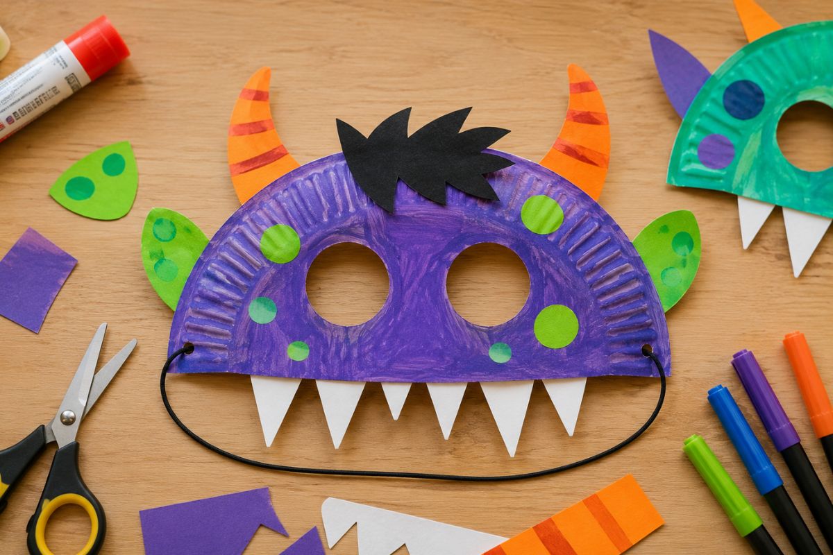 Bunte Monstermaske aus einem halben Pappteller mit Hörnern, Ohren und Zähnen als einfache Halloween-Bastelidee für Kinder.