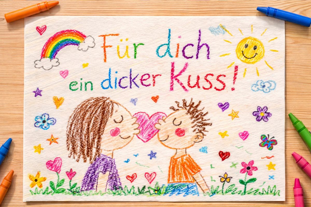 Selbstgemaltes Bild von einem Kind mit dem Spruch Für dich ein dicker Kuss und bunten Herzen und Zeichnungen für Muttertag