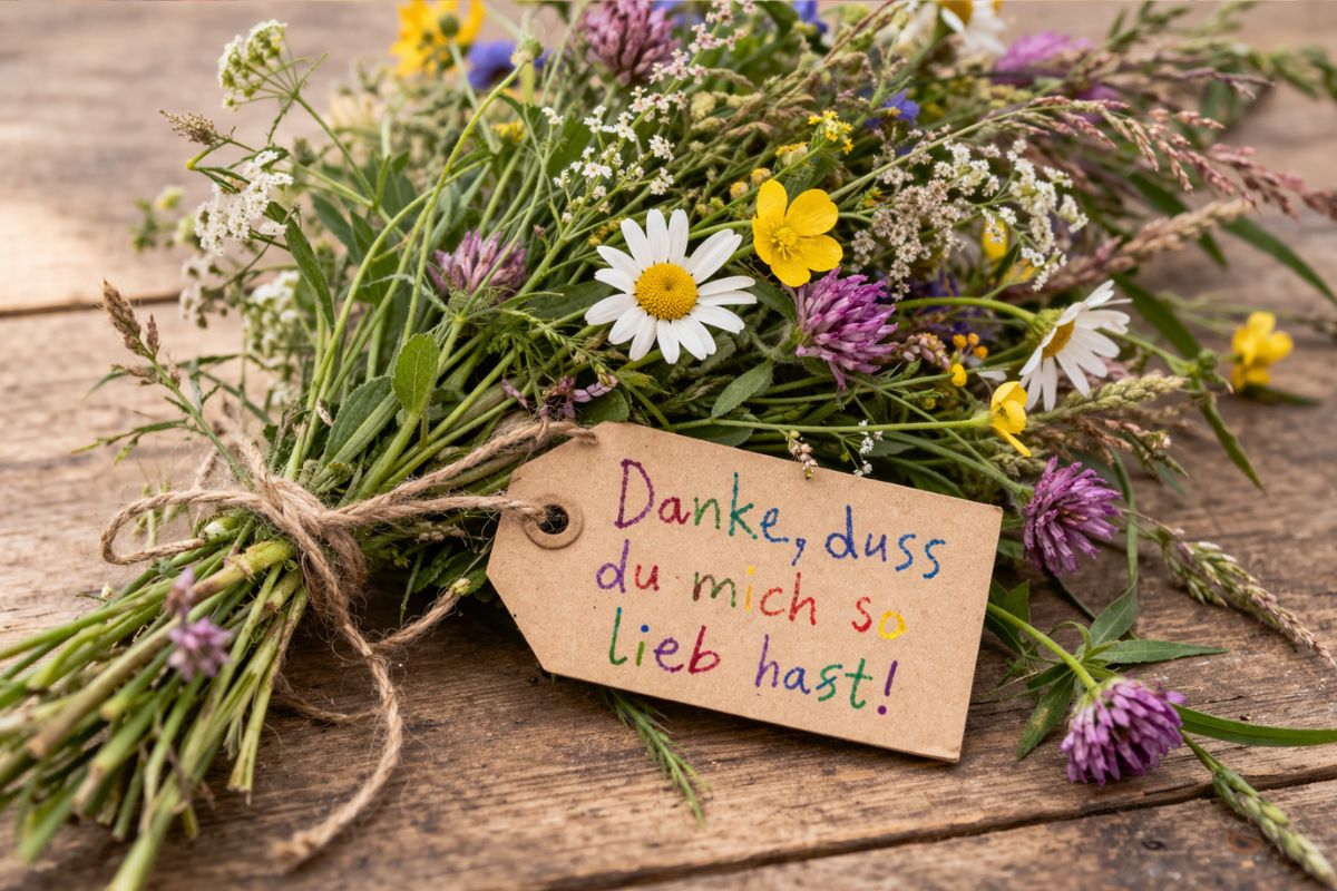 Selbst gepflückter wilder Blumenstrauß mit kleinem Geschenkanhänger und kindlicher Schrift Danke dass du mich so lieb hast für Muttertag