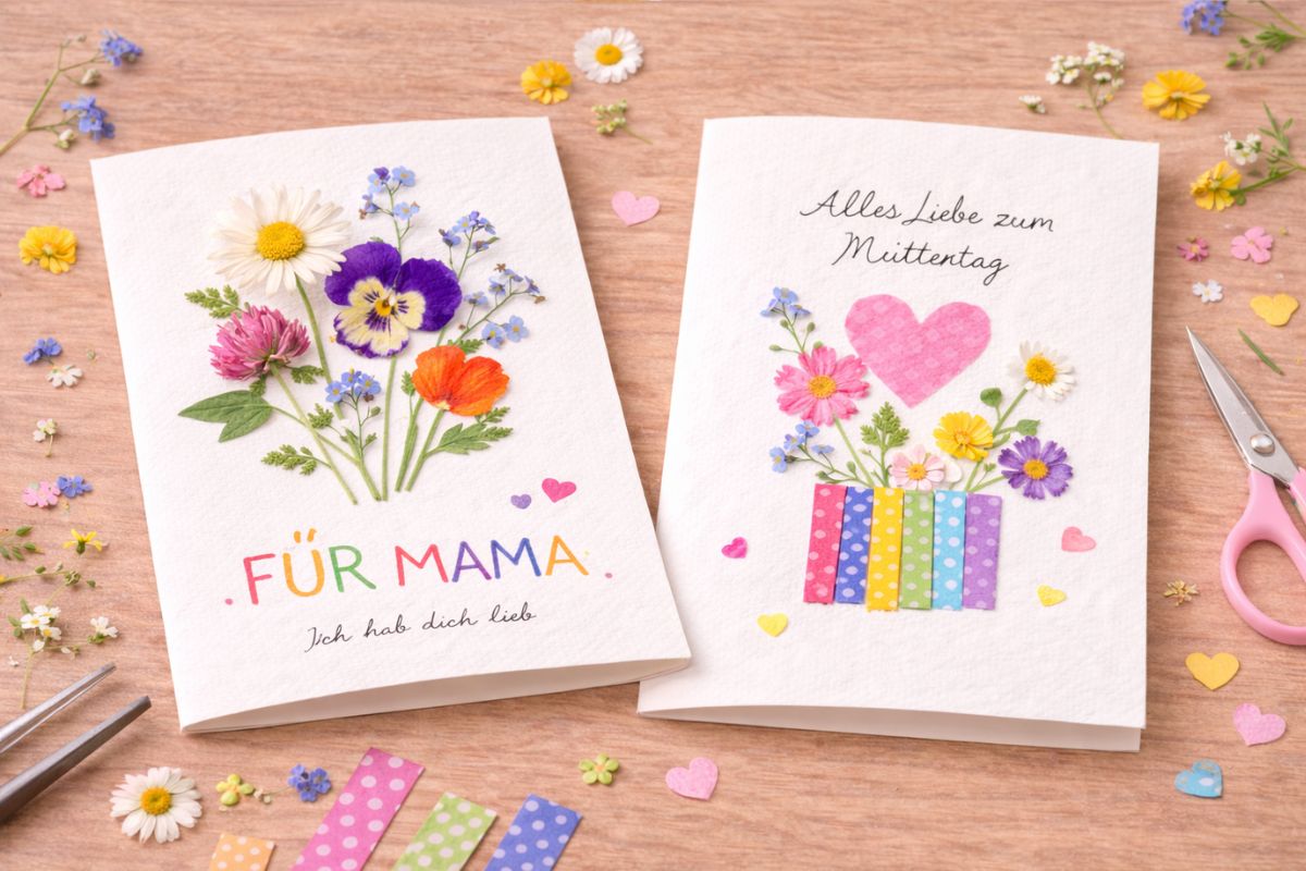 Muttertag Karte mit gepressten Blumen basteln Kinder einfache Karte mit getrockneten Blüten aufgeklebt natürlich