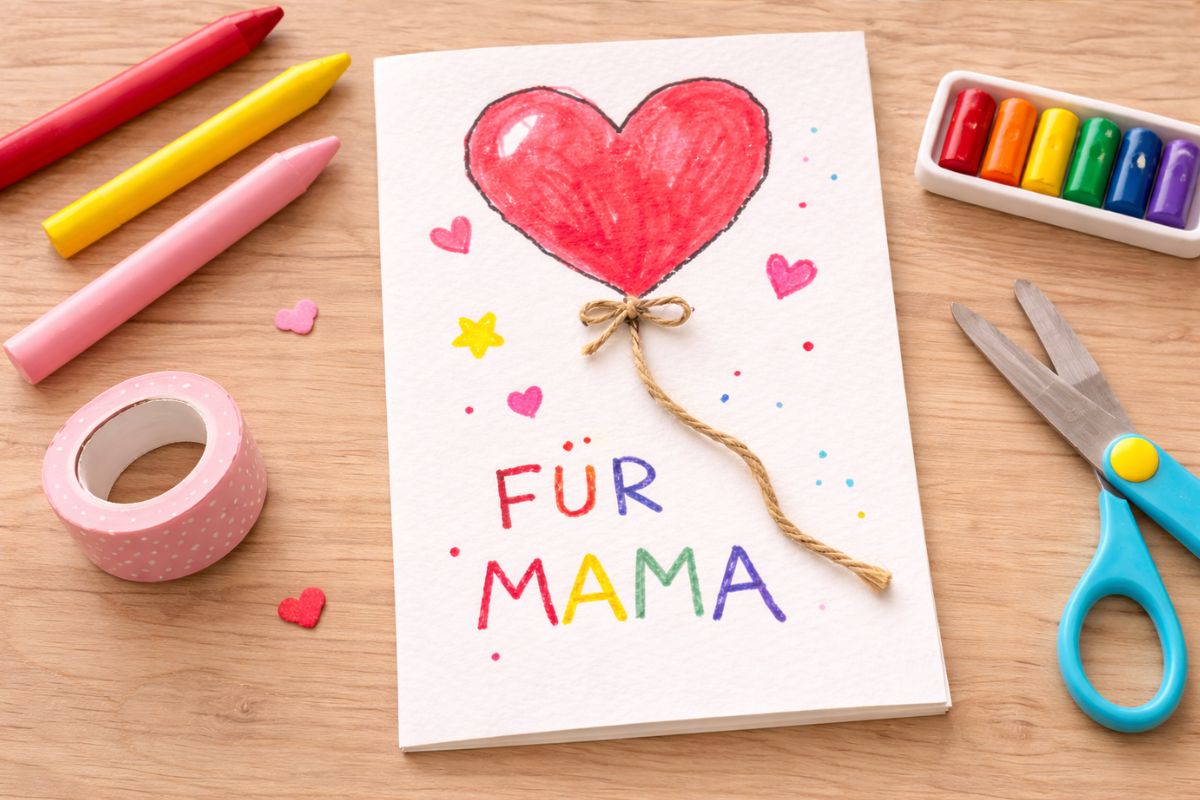 Muttertag Karte Herz Ballon basteln mit Kindern einfach gemalt mit Schnur