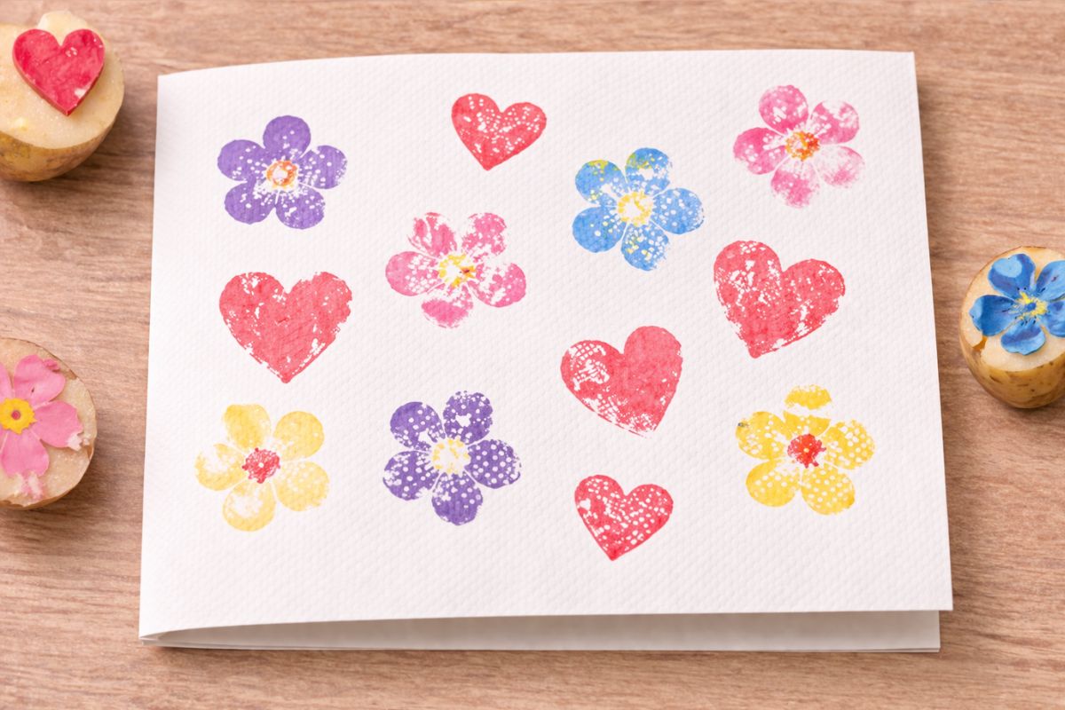 Muttertag Karte mit Kartoffelstempeln basteln Kinder einfach Herzen und Blumen gestempelt