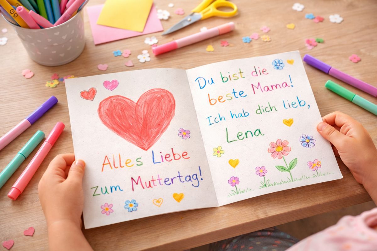 Kind bastelt eine Muttertag Karte mit Herz und dem Text „Du bist die beste Mama“ am Tisch mit Stiften und Bastelmaterial