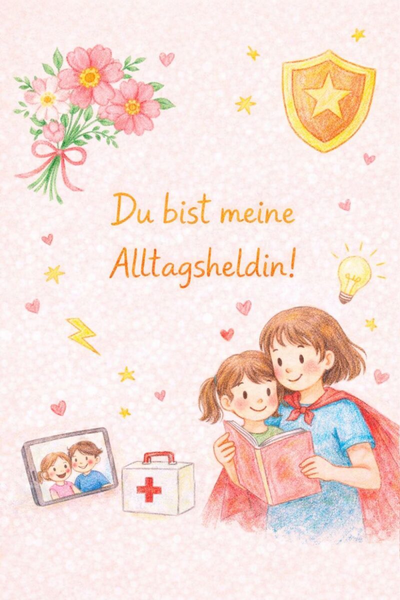 Kurzer Muttertag Spruch Du bist meine Alltagsheldin mit Mama und Kind beim Vorlesen als liebevolle Szene für Kinderkarte