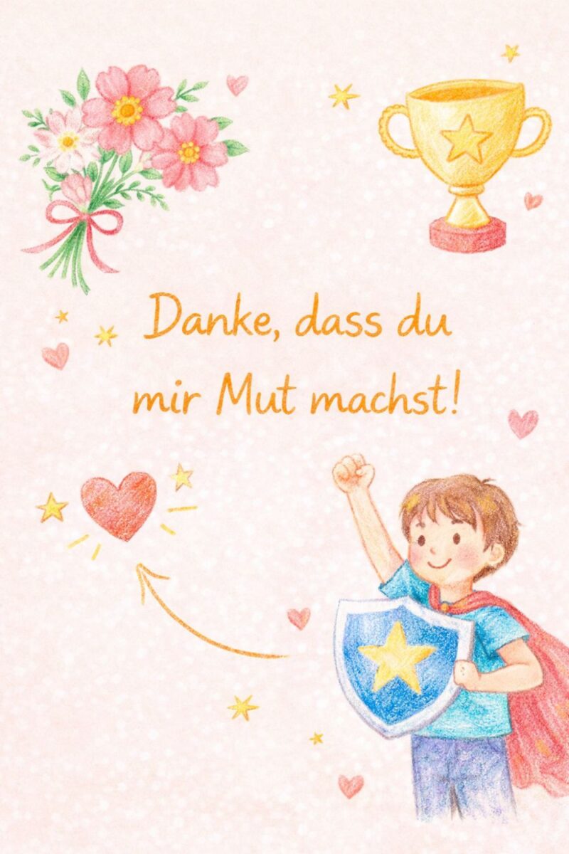 Kurzer Muttertag Spruch Danke dass du mir Mut machst mit Kind als Superheld, Herz und Blumen für Kinderkarte