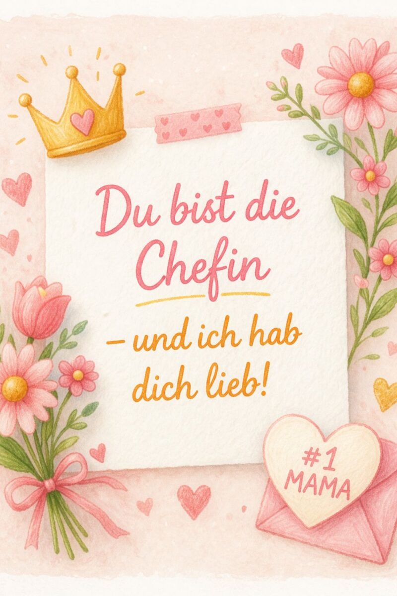 Illustration mit Mutter und Kind und dem Spruch Du bist die Chefin – und ich hab dich lieb als liebevolle Muttertagsidee für Kinder