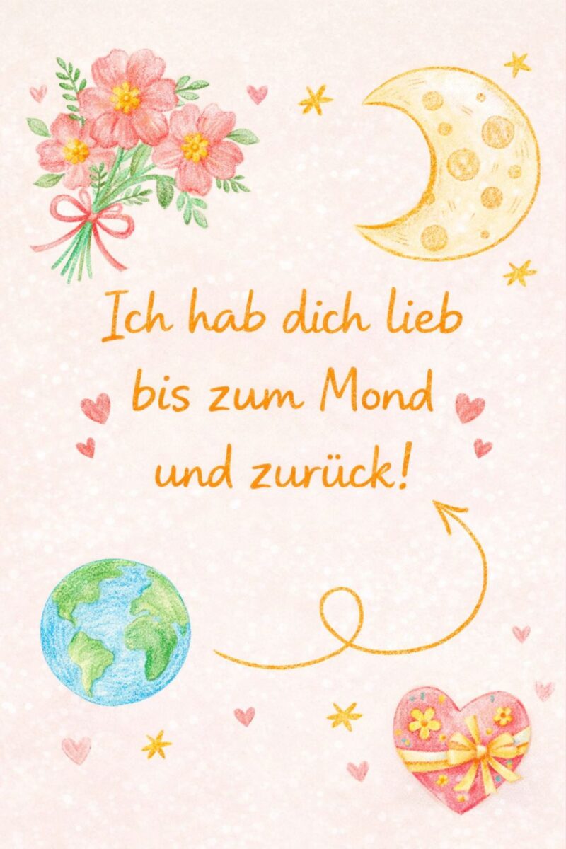 Kurzer Muttertag Spruch Ich hab dich lieb bis zum Mond und zurück mit Herz, Blumen und Geschenk für Kinderkarte