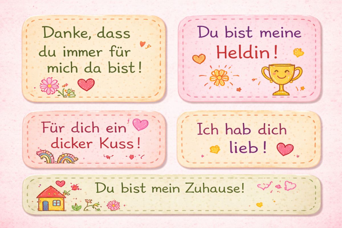 Übersicht mit kurzen Muttertag Sprüchen für Kinder in kindlicher Schrift mit kleinen Zeichnungen und bunten Karten