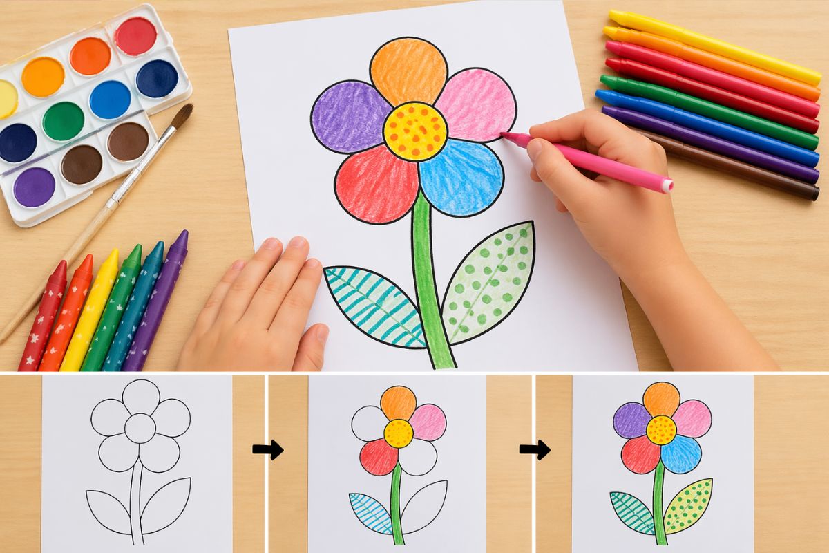 Kind malt eine Blumen Vorlage bunt aus – einfaches Muttertagsgeschenk im Kindergarten mit Buntstiften oder Wachsmalstiften