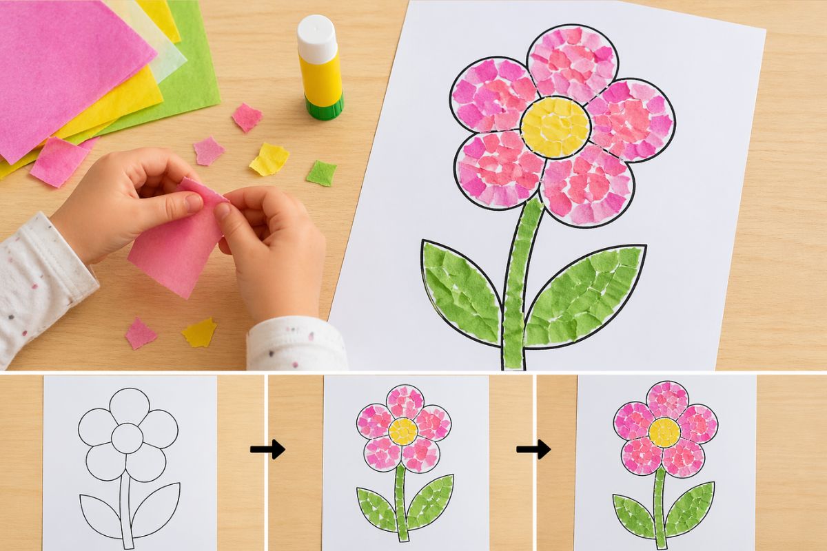 Kind reißt buntes Papier und klebt es in eine Blumen Vorlage – einfaches Muttertagsgeschenk basteln im Kindergarten ohne Schere