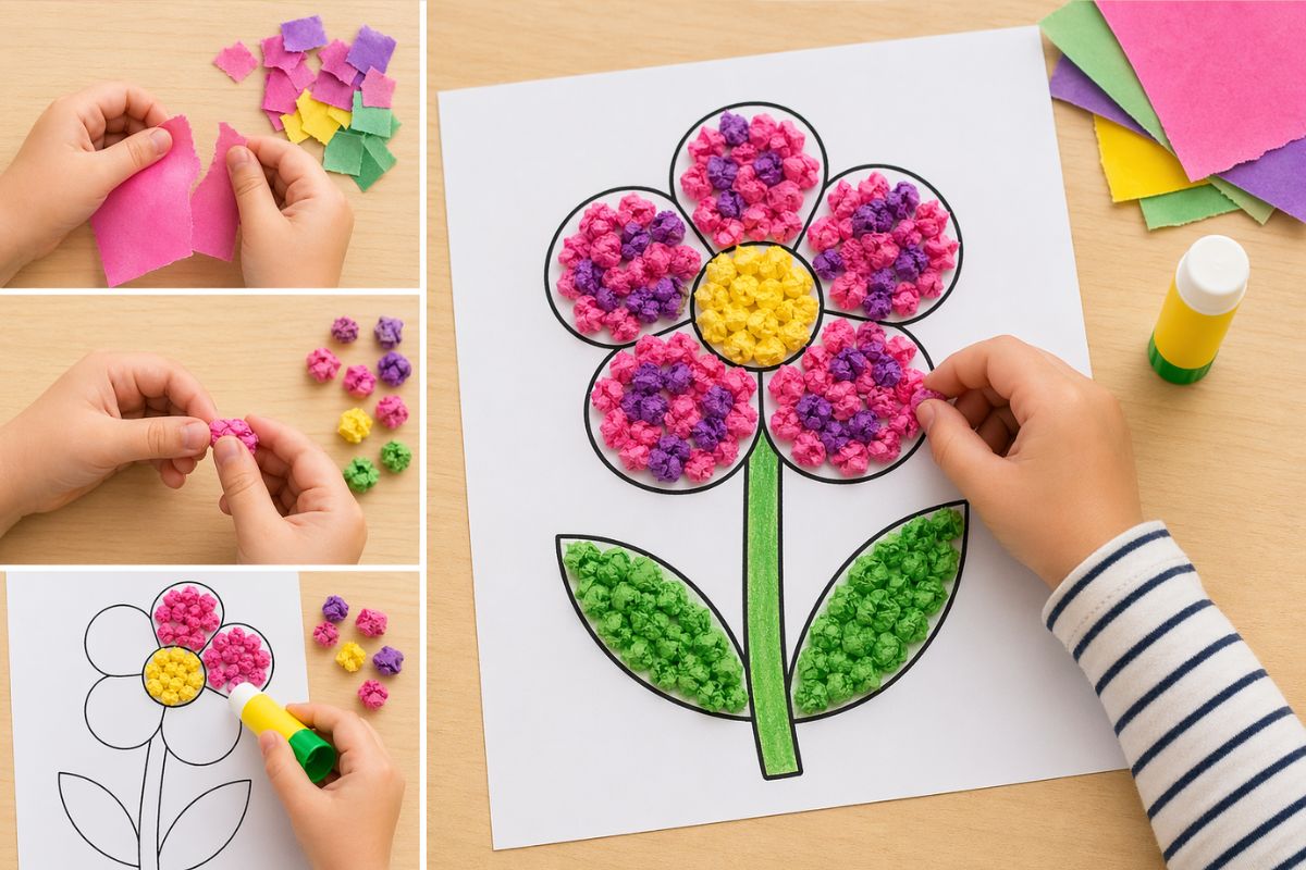 Kind knüllt buntes Papier zu kleinen Kugeln und klebt sie auf eine Blumen Vorlage – Muttertagsgeschenk im Kindergarten mit 3D Effekt basteln
