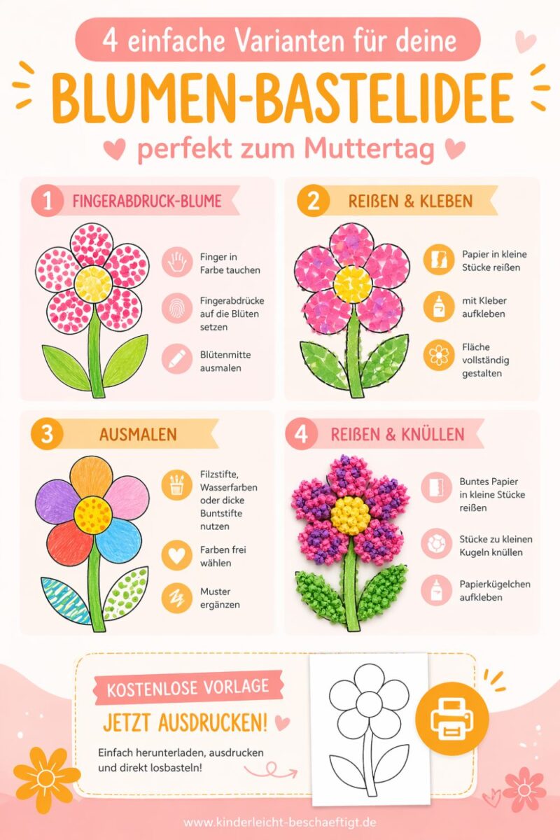 Muttertagsgeschenk Kindergarten Vorlage Blume basteln Ideen Fingerabdruck Reißen Kleben Knüllen Kinder