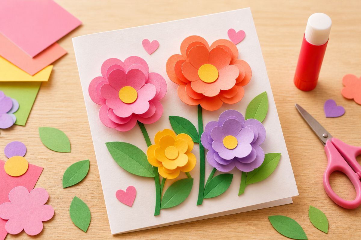 3D Blumenkarte basteln für Muttertag mit Kindern aus mehreren Papierlagen einfache Bastelidee