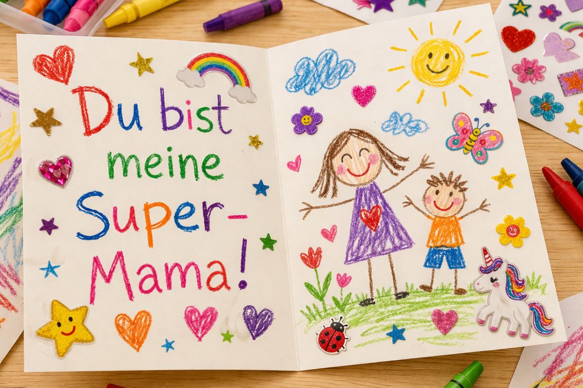 Aufklappbare selbstgemachte Muttertagskarte von einem Kind mit dem Spruch Du bist meine Super-Mama und bunten Zeichnungen und Stickern
