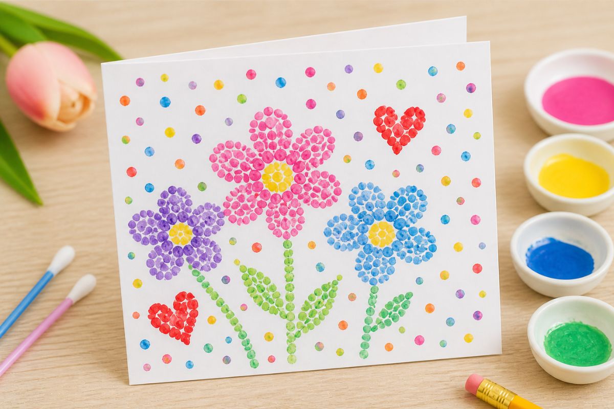 Muttertagskarte mit bunten Punkten basteln – Blumen und Herzen mit Wattestäbchen gestempelt für Kinder