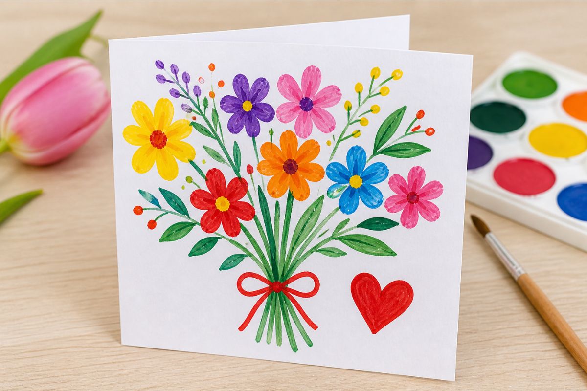 Muttertagskarte basteln mit Kindern – aufklappbare Karte mit gemaltem Blumenstrauß und bunten Farben