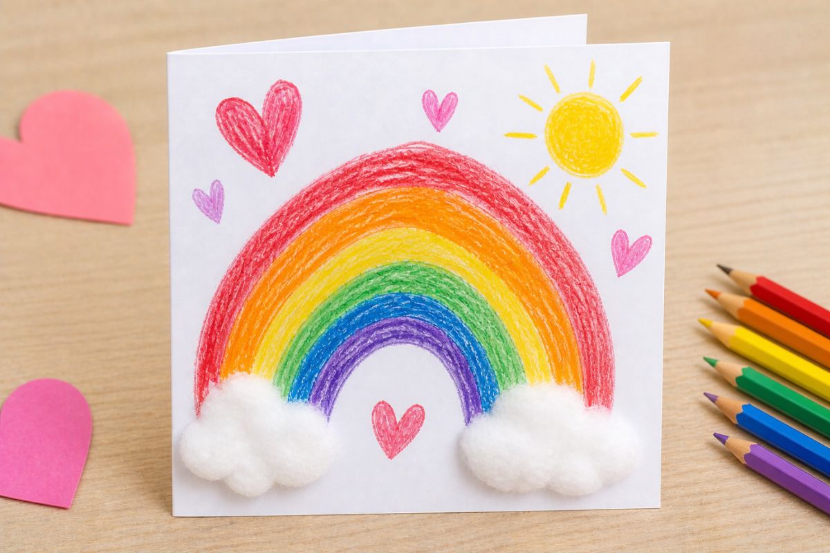 Muttertagskarte basteln mit Kindern – Regenbogen mit Buntstiften gemalt und Wolken aus Watte