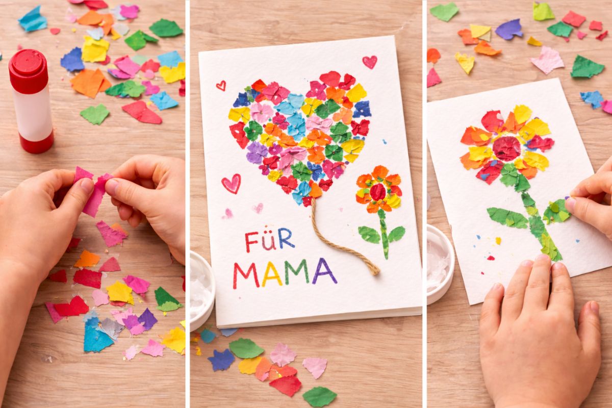 Muttertagskarte mit Collage aus Papierschnipseln basteln Kinder kleben buntes Papier zu Herz einfach