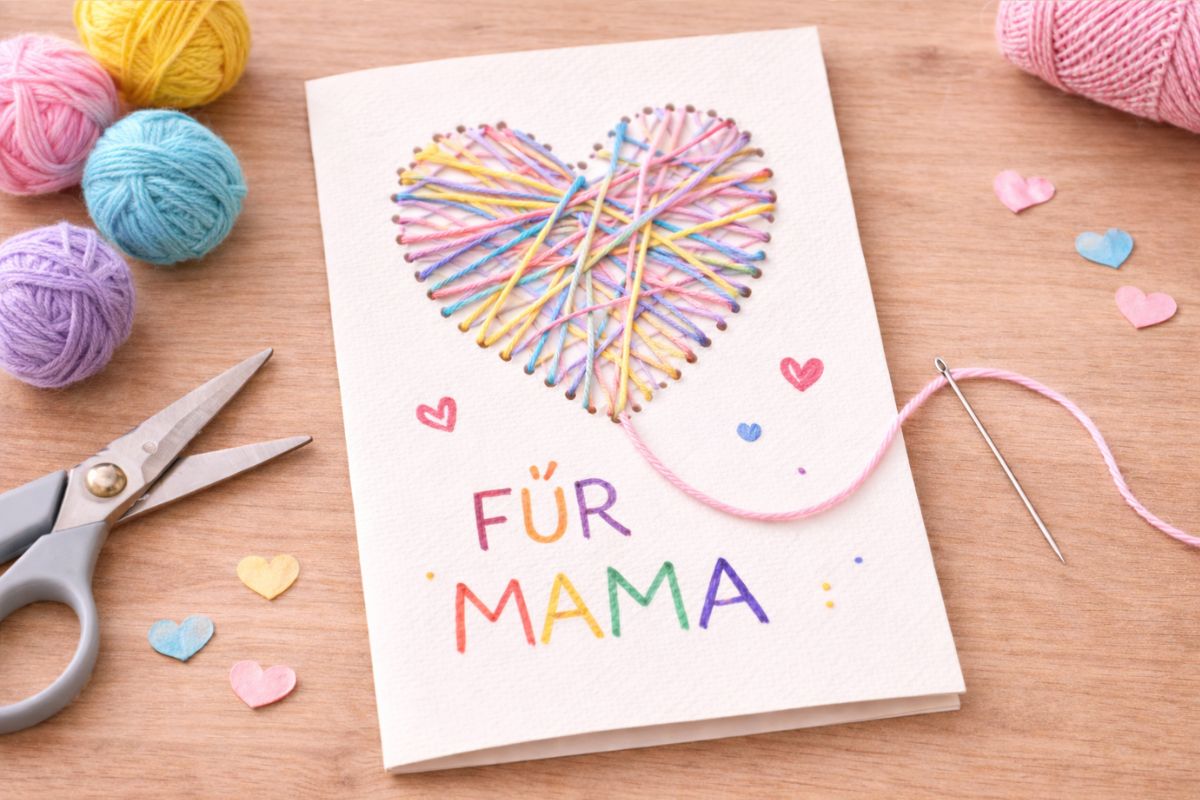Muttertagskarte mit Faden Herz basteln Kinder sticken Herz mit Wolle auf Karte einfach DIY