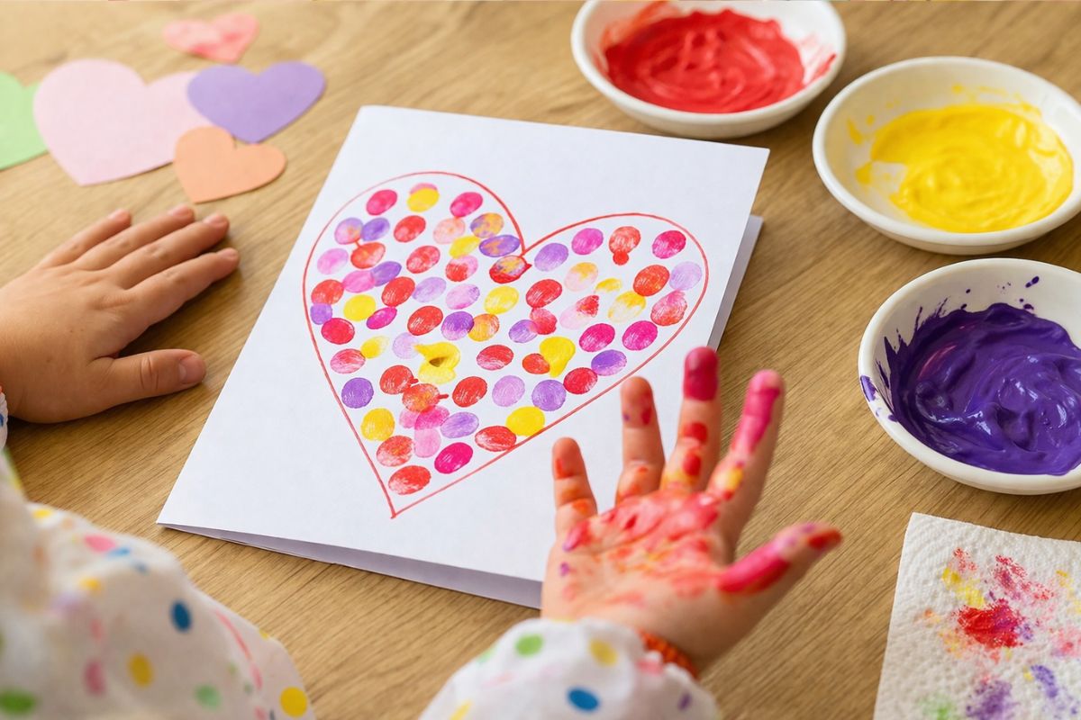 Muttertagskarte mit Herz aus Fingerfarben basteln für Kinder – einfache kreative Idee mit Fingerabdrücken