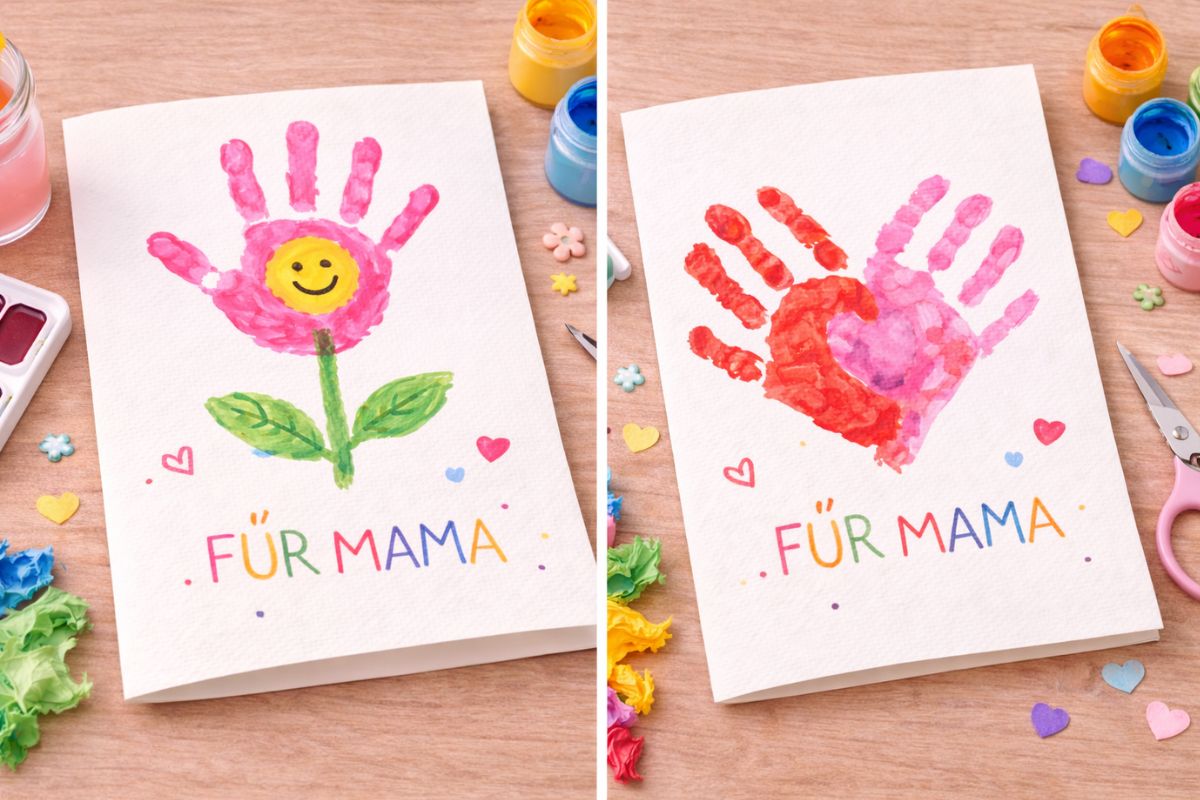 Muttertagskarte Handabdruck Kinder basteln Blume und Herz aus Handabdrücken einfache Idee Kindergarten