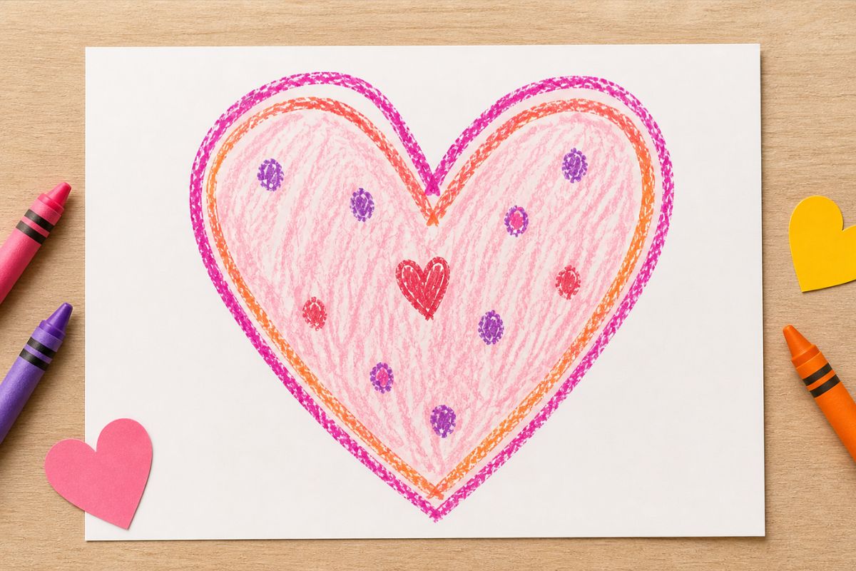 Einfache Muttertagskarte mit von Kindern gemaltem Herz aus Buntstiften auf Papier gebastelt