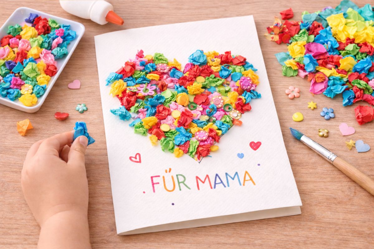 Muttertagskarte Herz Klebekarte Kinder kleben Papierschnipsel bunt basteln Kindergarten einfach
