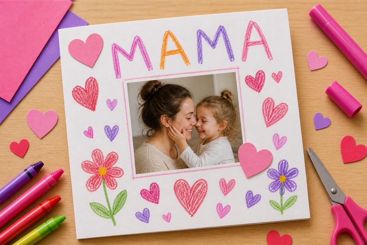 Muttertagskarte mit Foto basteln Kinder einfach – persönliche Karte mit Herz und gemaltem MAMA