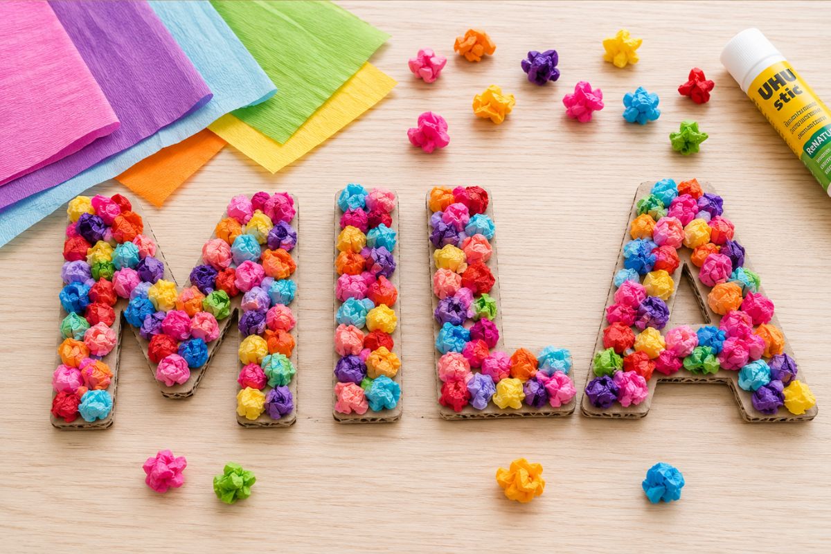 Namensschild basteln mit Krepppapier: Von einem Kind gestaltete Pappbuchstaben mit bunten geknüllten Krepppapierstücken auf einem Basteltisch.