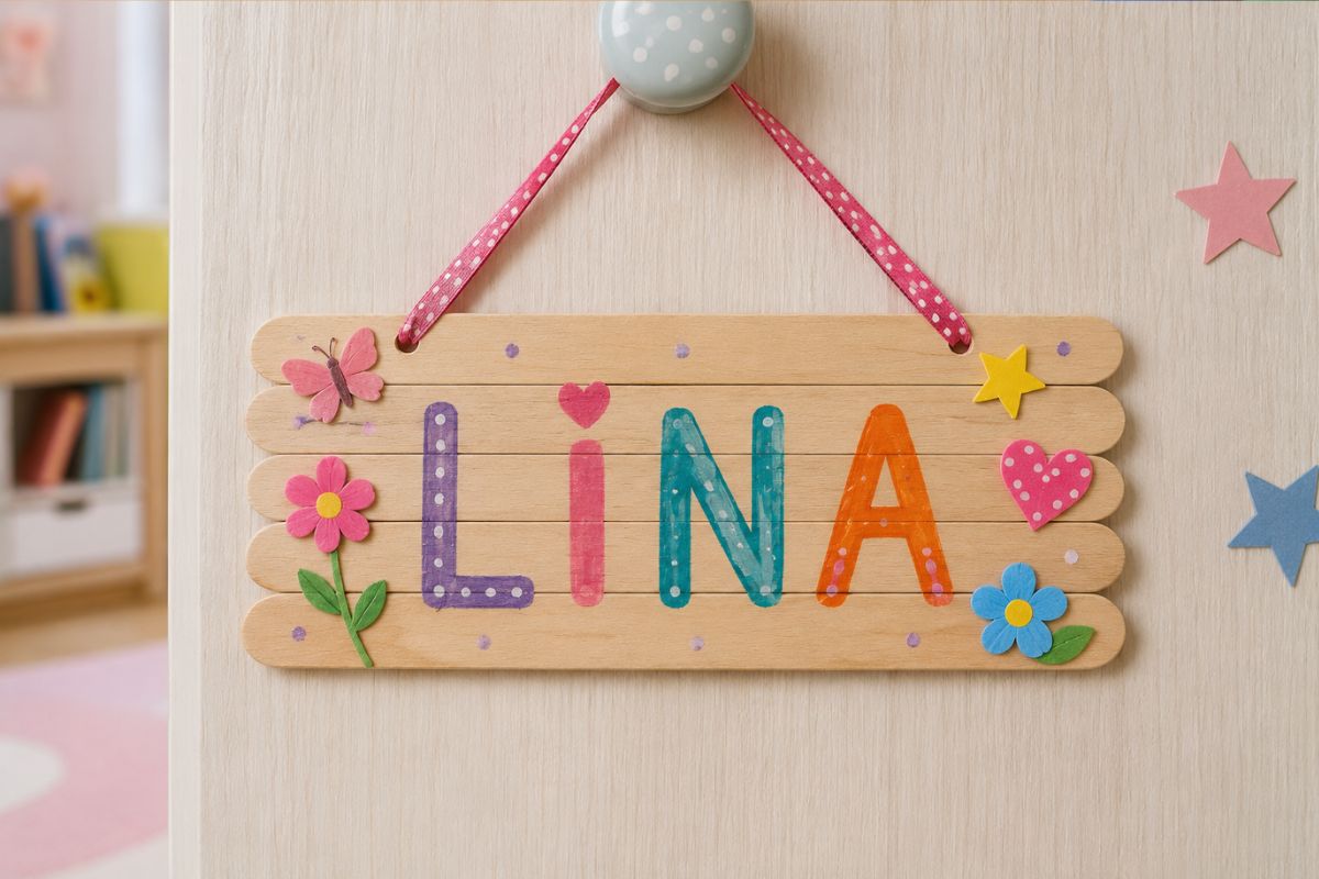Selbst gebasteltes Namensschild aus Holzstäbchen mit bunten Buchstaben, Blumen und Stickern als kreative Bastelidee für Kinder.