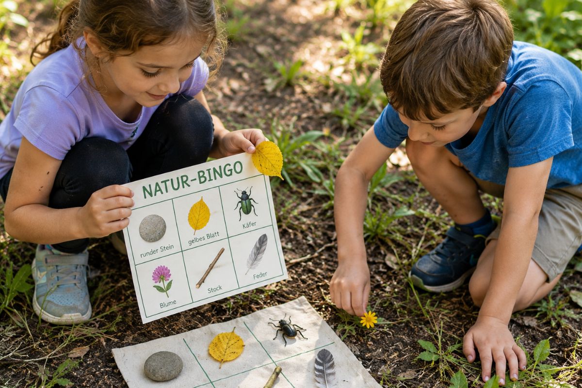 Kinder spielen Natur-Bingo draußen im Wald und suchen Blätter, Steine, Blumen und Naturmaterialien