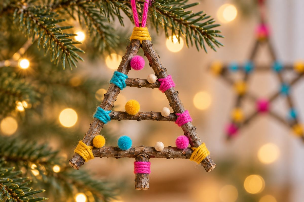 Bunter Tannenbaum aus Zweigen mit Garn, Pompons und Holzperlen als Weihnachtsanhänger
